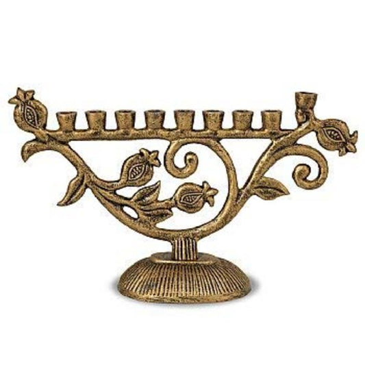 Ben&Jonah Aluminum Metal Menorah with Antique Brass Finish-Pomegranate Design-10 L x 6" H