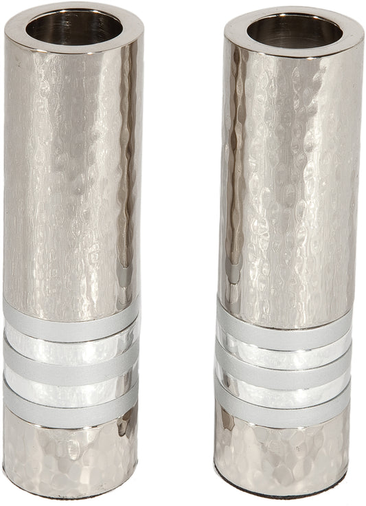 Ben and Jonah Sabbath/Shabbos Cylinder Shaped Hammered Candlesticks - Silver