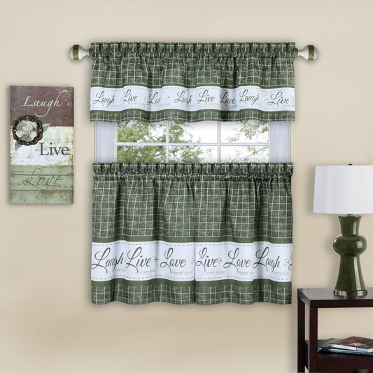 Traditional Elegance Live, Love, Laugh Window Curtain Tier Pair and Valance Set - 58x36 - Green