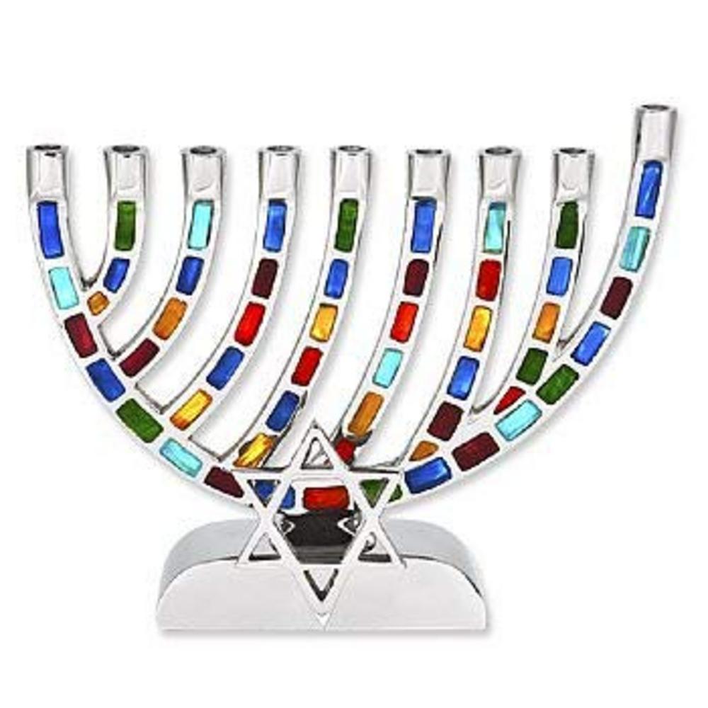 Ben&Jonah Multi Jeweled Mosaic Aluminum Menorah with Star of David-Magen David-9" L x 6 1/4" H…