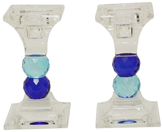 Ben and Jonah Sabbath/Shabbos Crystal Candlesticks- Blue and Light Blue- 4.75" H 2.5" L